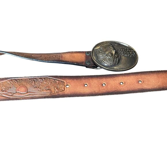 Vintage Leegin Brown Leather Tooled Belt John Lennon Tribute Buckle size medium - Picture 5 of 7